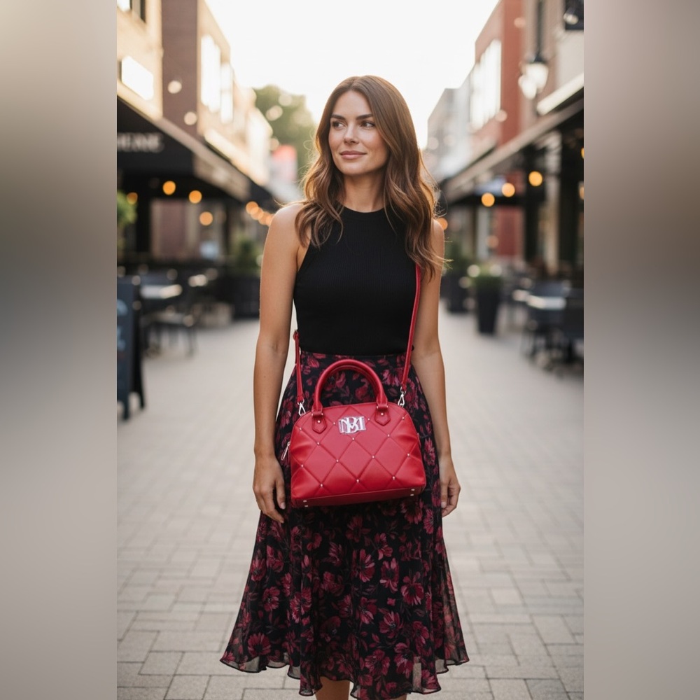 Badgley Mischka Red Quilted Satchel Crossbody | Silver Hardware | NWT - Picture 3 of 11